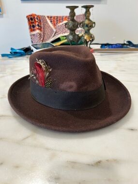 Stetson Brown Fedora with Black Band and Red Feather
